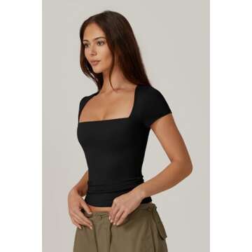 QINSEN T Shirts for Women Square Neck Short Sleeve Basic Tops Curved Shoulders Summer Y2K Crop Tops,Black Small