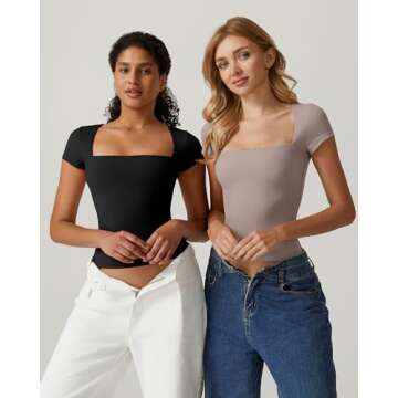 QINSEN T Shirts for Women Square Neck Short Sleeve Basic Tops Curved Shoulders Summer Y2K Crop Tops,Black Small
