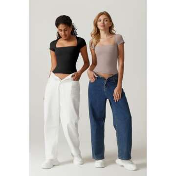 QINSEN T Shirts for Women Square Neck Short Sleeve Basic Tops Curved Shoulders Summer Y2K Crop Tops,Black Small