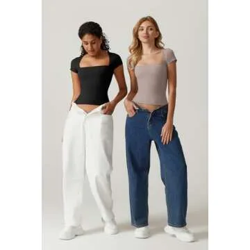 QINSEN T Shirts for Women Square Neck Short Sleeve Basic Tops Curved Shoulders Summer Y2K Crop Tops,Black Small