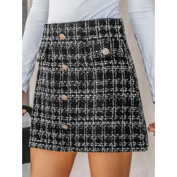 CUPSHE Skirts Tweed Button-Front Mini Skirt Holiday Plaid High Waist Short Skirts,L Black
