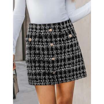 CUPSHE Skirts Tweed Button-Front Mini Skirt Holiday Plaid High Waist Short Skirts,L Black