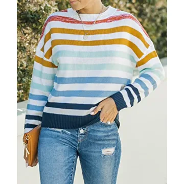 ZESICA Fall Striped Color Block Pullover Sweater