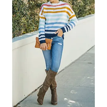 ZESICA Fall Striped Color Block Pullover Sweater