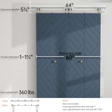 EaseLife 60"Brushed Nickel Bi-folding Sliding Barn Door Hardware Track Kit for 4 Closet Door,Top Mount,Heavy Duty,Slide Smoothly Quietly,Easy Install,No Door (Track Length 64"for Four 15" Wide Door)