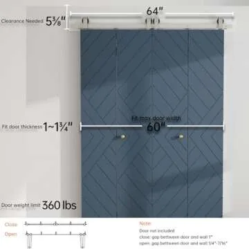 EaseLife 60"Brushed Nickel Bi-folding Sliding Barn Door Hardware Track Kit for 4 Closet Door,Top Mount,Heavy Duty,Slide Smoothly Quietly,Easy Install,No Door (Track Length 64"for Four 15" Wide Door)