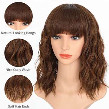 AISI HAIR Synthetic Short Curly Wavy Bob Wig With Bangs Natural Looking Reddish Brown Short Bob Wavy...