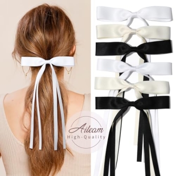 6PCS Hair Bows for Women Hair Clip Hair Tassel Hair Ribbon Ponytail Holder Accessories Slides Metal Clips Barrettes Girls Toddlers Teens Black Beige White
