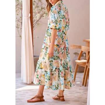 PRETTYGARDEN Summer Dress for Women Short Sleeve Button Up Ruffle A Line Flowy Maxi Dresses (Floral White Apricot,Small)