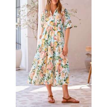 PRETTYGARDEN Summer Dress for Women Short Sleeve Button Up Ruffle A Line Flowy Maxi Dresses (Floral White Apricot,Small)