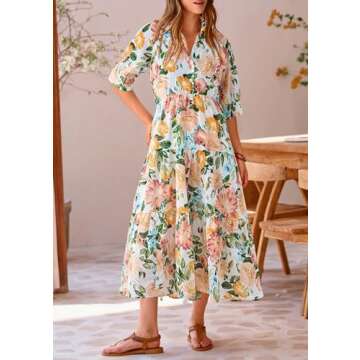 PRETTYGARDEN Summer Dress for Women Short Sleeve Button Up Ruffle A Line Flowy Maxi Dresses (Floral White Apricot,Small)