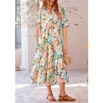 PRETTYGARDEN Summer Dress for Women Short Sleeve Button Up Ruffle A Line Flowy Maxi Dresses (Floral White Apricot,Small)