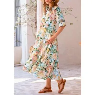 PRETTYGARDEN Summer Dress for Women Short Sleeve Button Up Ruffle A Line Flowy Maxi Dresses (Floral White Apricot,Small)
