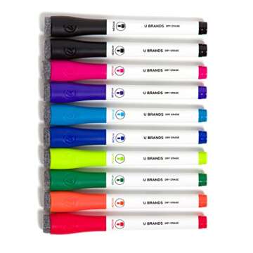 U Brands Fine Tip Dry Erase Markers with Eraser, Whiteboard Markers, Low Odor, Assorted Bright Colors, Set of 10
