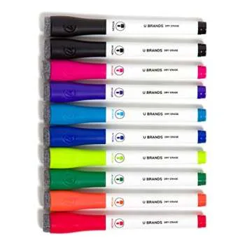 U Brands Fine Tip Dry Erase Markers with Eraser, Whiteboard Markers, Low Odor, Assorted Bright Colors, Set of 10