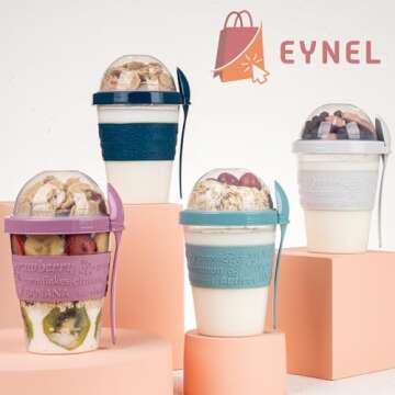 EYNEL On The Go Cereal Yogurt Cups with Lids and Spoon, Overnight Oats Container, Reusable Parfait Plastic Milk Jar Breakfast Crunch Granola Oatmeal Smoothie Snack Prep Bowl To Take Along
