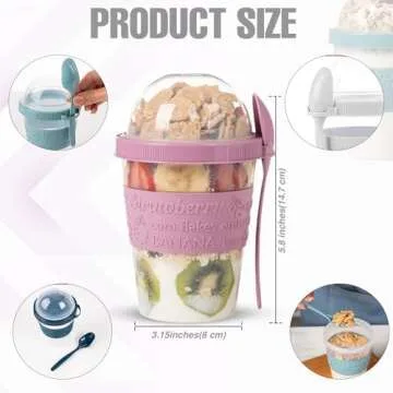 EYNEL On The Go Cereal Yogurt Cups with Lids and Spoon, Overnight Oats Container, Reusable Parfait Plastic Milk Jar Breakfast Crunch Granola Oatmeal Smoothie Snack Prep Bowl To Take Along