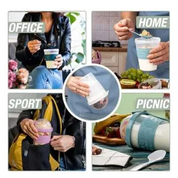 EYNEL On The Go Cereal Yogurt Cups with Lids and Spoon, Overnight Oats Container, Reusable Parfait Plastic Milk Jar Breakfast Crunch Granola Oatmeal Smoothie Snack Prep Bowl To Take Along