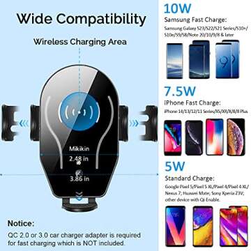 Wireless Car Charger, Auto-Clamping Car Phone Holder Mount 10W 7.5W Fast Charging Air Vent Car Charger Compatible with iPhone 15 14 13 12 11 Pro Max Mini XR XS X, Samsung Galaxy S24 Ultra S23 S22 S21+