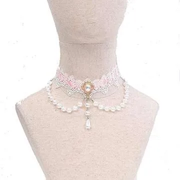 Stylish Gothic Pink Pearl Lace Necklace for Women