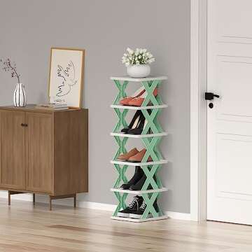 6 Tier Narrow Shoe Rack, Small Vertical Shoe Stand, Space Saving DIY Free Standing Shoes Storage Organizer for Entryway, Closet, Hallway, Easy Assembly and Stable in Structure, White and Green