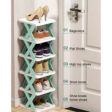 6 Tier Narrow Shoe Rack, Small Vertical Shoe Stand, Space Saving DIY Free Standing Shoes Storage Organizer for Entryway, Closet, Hallway, Easy Assembly and Stable in Structure, White and Green