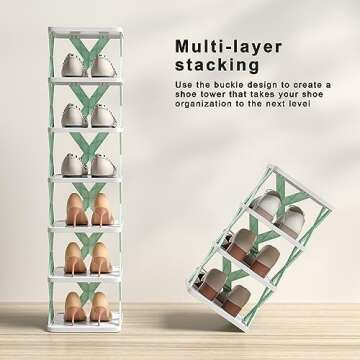 6 Tier Narrow Shoe Rack, Small Vertical Shoe Stand, Space Saving DIY Free Standing Shoes Storage Organizer for Entryway, Closet, Hallway, Easy Assembly and Stable in Structure, White and Green