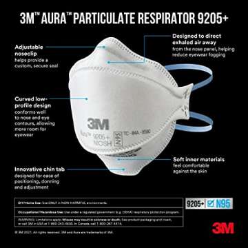 3M Aura Particulate N95 Respirator 9205+, Flat Fold Lightweight Design, Non-Valved, 20 Count (Pack of 1)
