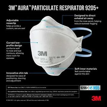 3M Aura Particulate N95 Respirator 9205+, Flat Fold Lightweight Design, Non-Valved, 20 Count (Pack of 1)
