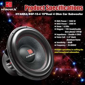 H YANKA BSF-15-4 15 Inch Subwoofer - 2000W MAX Power 15 Inch Paper Cone Subwoofer Car Audio, Black Aluminum Basket, 2.5“ Dual Voice Coil 4 Ohm Impedance 15 Subwoofer for Cars
