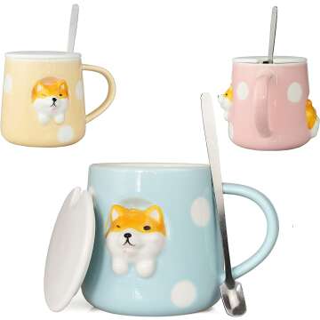 Cute Ceramic Dog Mug 400ML with Lid & Spoon