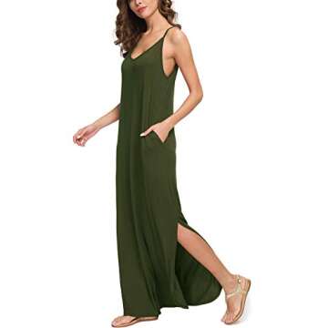 GRECERELLE Women's Summer Casual Plain Loose Beach Cover Up Long Maxi Dress with Pockets Army Green-...