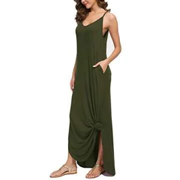GRECERELLE Women's Summer Casual Plain Loose Beach Cover Up Long Maxi Dress with Pockets Army Green-Large