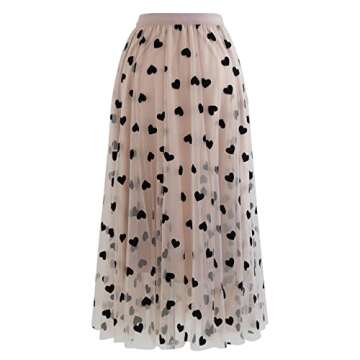 CHICWISH Women's Blush Pink 3D Heart Double-Layered Mesh Tulle Maxi Skirt, Size S-M