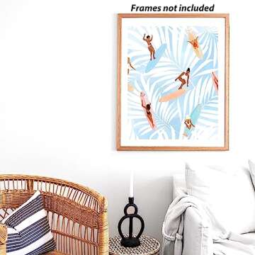 Beachy Room Decor Aesthetic Beach Wall Art Posters - Blue Surfer Girl Sandbeach Ocean Seascapes Trav...