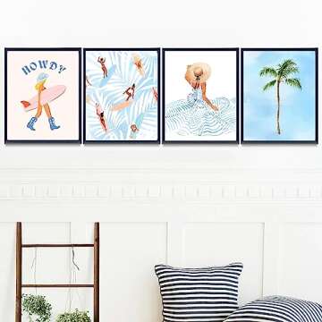 Beachy Room Decor Aesthetic Beach Wall Art Posters - Blue Surfer Girl Sandbeach Ocean Seascapes Travel Pictures Coastal Room Decor Print Set of 4 (8x10in)