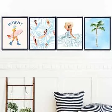 Beachy Room Decor Aesthetic Beach Wall Art Posters - Blue Surfer Girl Sandbeach Ocean Seascapes Travel Pictures Coastal Room Decor Print Set of 4 (8x10in)