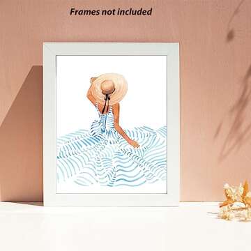 Beachy Room Decor Aesthetic Beach Wall Art Posters - Blue Surfer Girl Sandbeach Ocean Seascapes Travel Pictures Coastal Room Decor Print Set of 4 (8x10in)