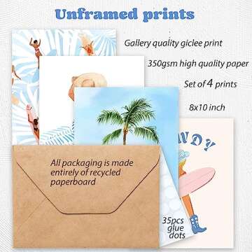 Beachy Room Decor Aesthetic Beach Wall Art Posters - Blue Surfer Girl Sandbeach Ocean Seascapes Travel Pictures Coastal Room Decor Print Set of 4 (8x10in)