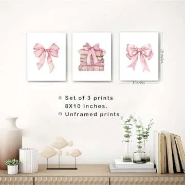 JWVK Coquette Preppy Pink Bow Girly Books Wall Art Prints Set of 3, Book Lovers Gifts, Coquette Room Decor, Preppy Room Decor, Trendy Pink Book Posters for Girls Bedroom Dorm, 8x10 Unframed