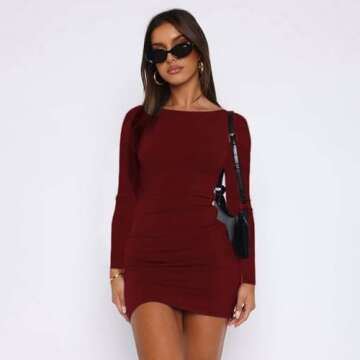 YOXUA Women's Fall Winter Long Sleeve Boat Neck Mini Dress Slim Fit Party Club Teacher Casual Office Dresses Wine Red