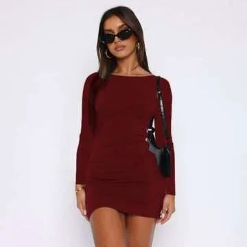YOXUA Women's Fall Winter Long Sleeve Boat Neck Mini Dress Slim Fit Party Club Teacher Casual Office Dresses Wine Red