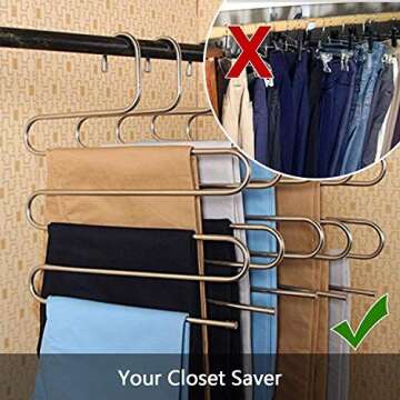 devesanter Pants Hangers Non-Slip S-Shape 4 Pack Trousers Hangers Stainless Steel Clothes Hangers Closet Storage Organizer for Pants Jeans Scarf (4 Pack with 10 Clips)