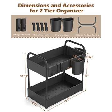 FURTIME 2-Tier Under-Sink Organizer, Black, Metal Tubes, Stainless Steel, Plastic, 15.7"L x 8.67"W x 16.14"H