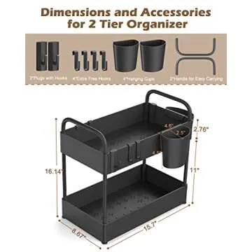 FURTIME 2-Tier Under-Sink Organizer, Black, Metal Tubes, Stainless Steel, Plastic, 15.7"L x 8.67"W x 16.14"H