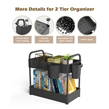 FURTIME 2-Tier Under-Sink Organizer, Black, Metal Tubes, Stainless Steel, Plastic, 15.7"L x 8.67"W x 16.14"H
