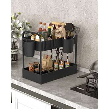 FURTIME 2-Tier Under-Sink Organizer, Black, Metal Tubes, Stainless Steel, Plastic, 15.7"L x 8.67"W x 16.14"H