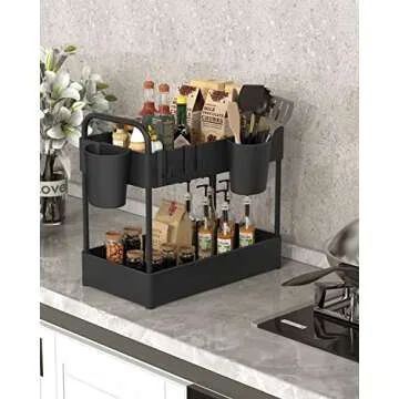 FURTIME 2-Tier Under-Sink Organizer, Black, Metal Tubes, Stainless Steel, Plastic, 15.7"L x 8.67"W x 16.14"H