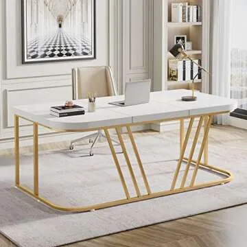 Tribesigns 63" Executive Desk, Large Home Office Desk with Metal Frame, Modern Wood Study Writing Computer Desk Conference Table for Home Office, White & Gold
