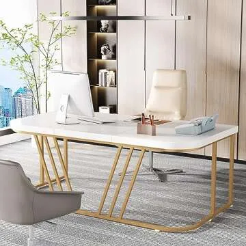Tribesigns 63" Executive Desk, Large Home Office Desk with Metal Frame, Modern Wood Study Writing Computer Desk Conference Table for Home Office, White & Gold
